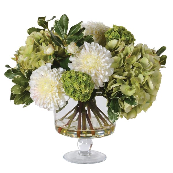 Mixed White/Green Hydrangea & Dahlia Floral in Glass Footed Vase