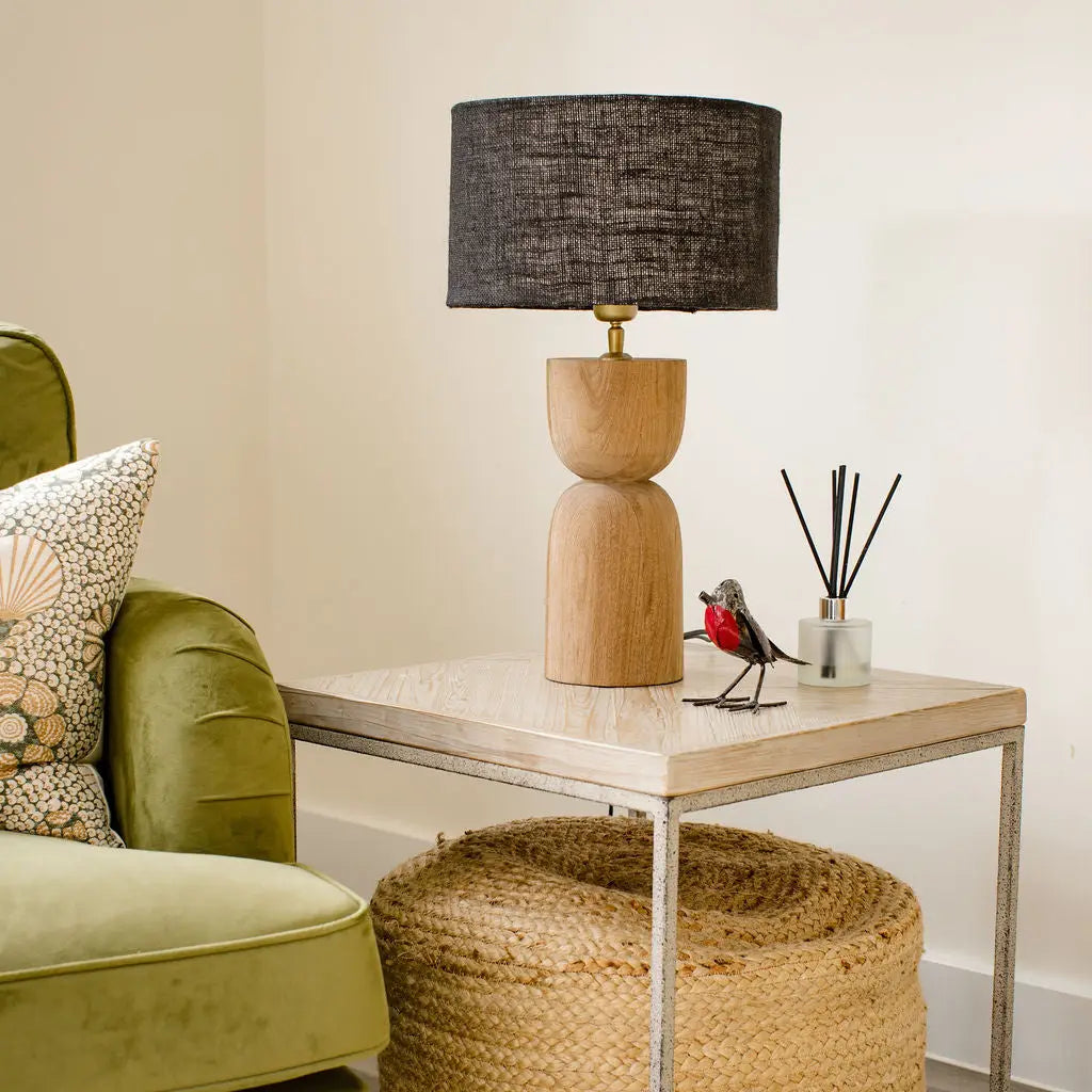 Mells Tall Wooden Sandblasted Table Lamp with Black Shade