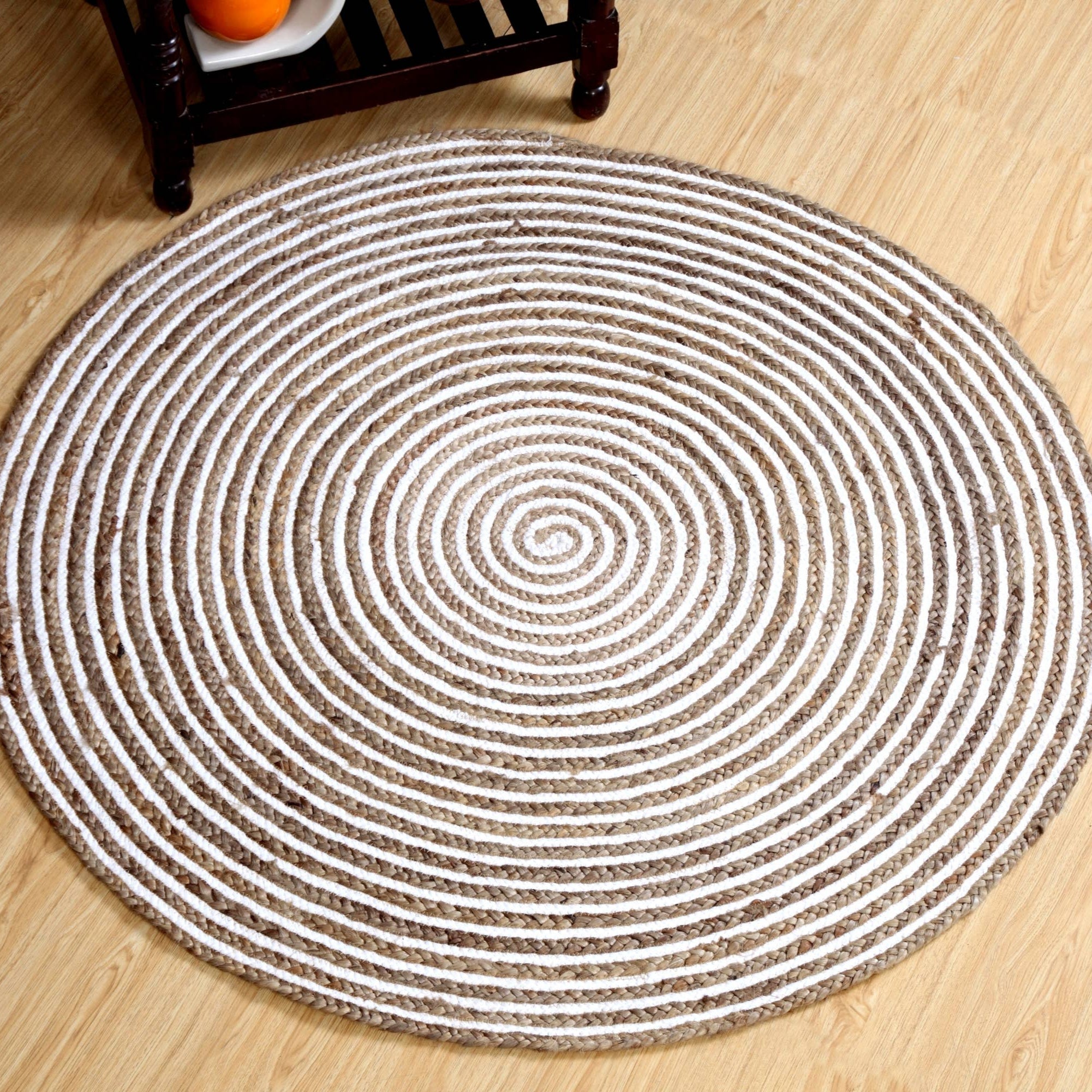 CHAKKAR PALE Hall Rug Stripe Round Braided Jute Beige White