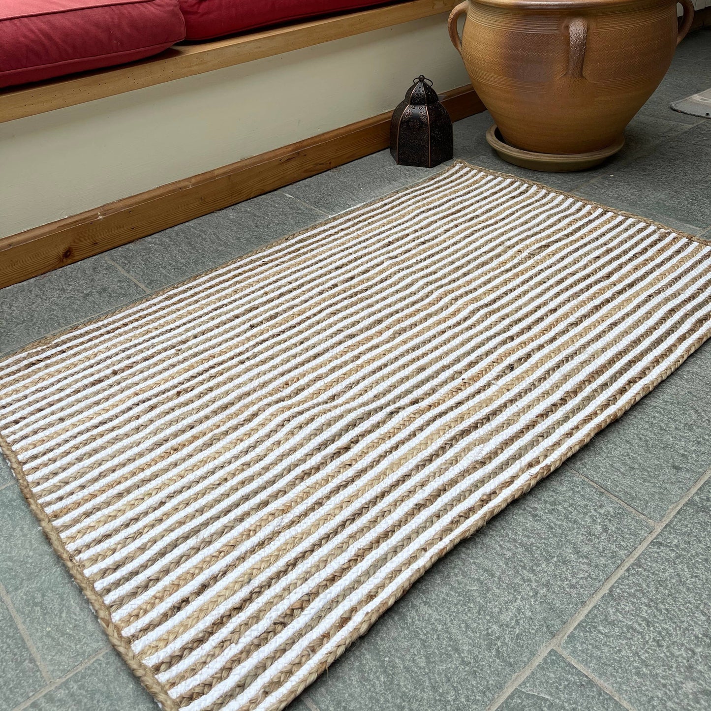 CHAKKAR PALE Hall Rug Stripe Rectangular Jute Beige White