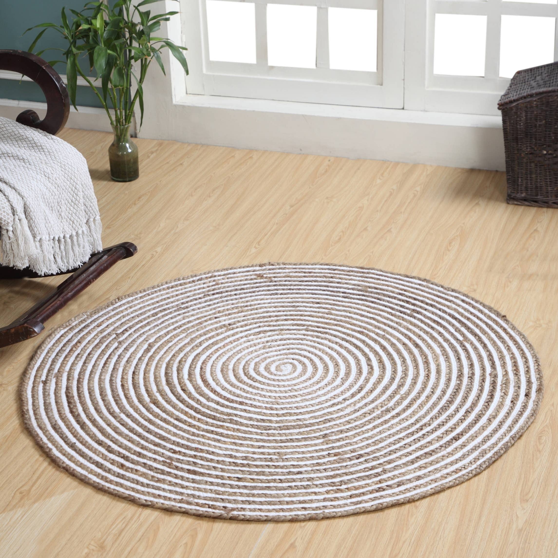 CHAKKAR PALE Hall Rug Stripe Round Braided Jute Beige White