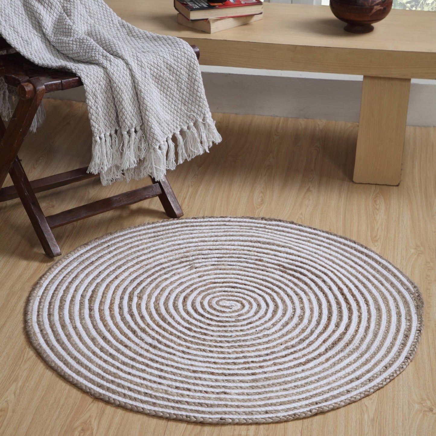 CHAKKAR PALE Hall Rug Stripe Round Braided Jute Beige White