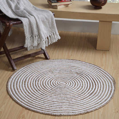 CHAKKAR PALE Hall Rug Stripe Round Braided Jute Beige White