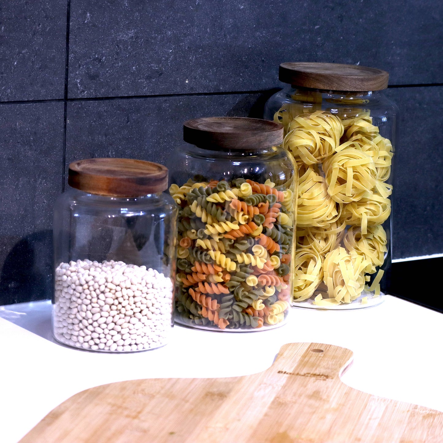 Glass Kitchen Pantry & Storage Jars with Acacia Lids