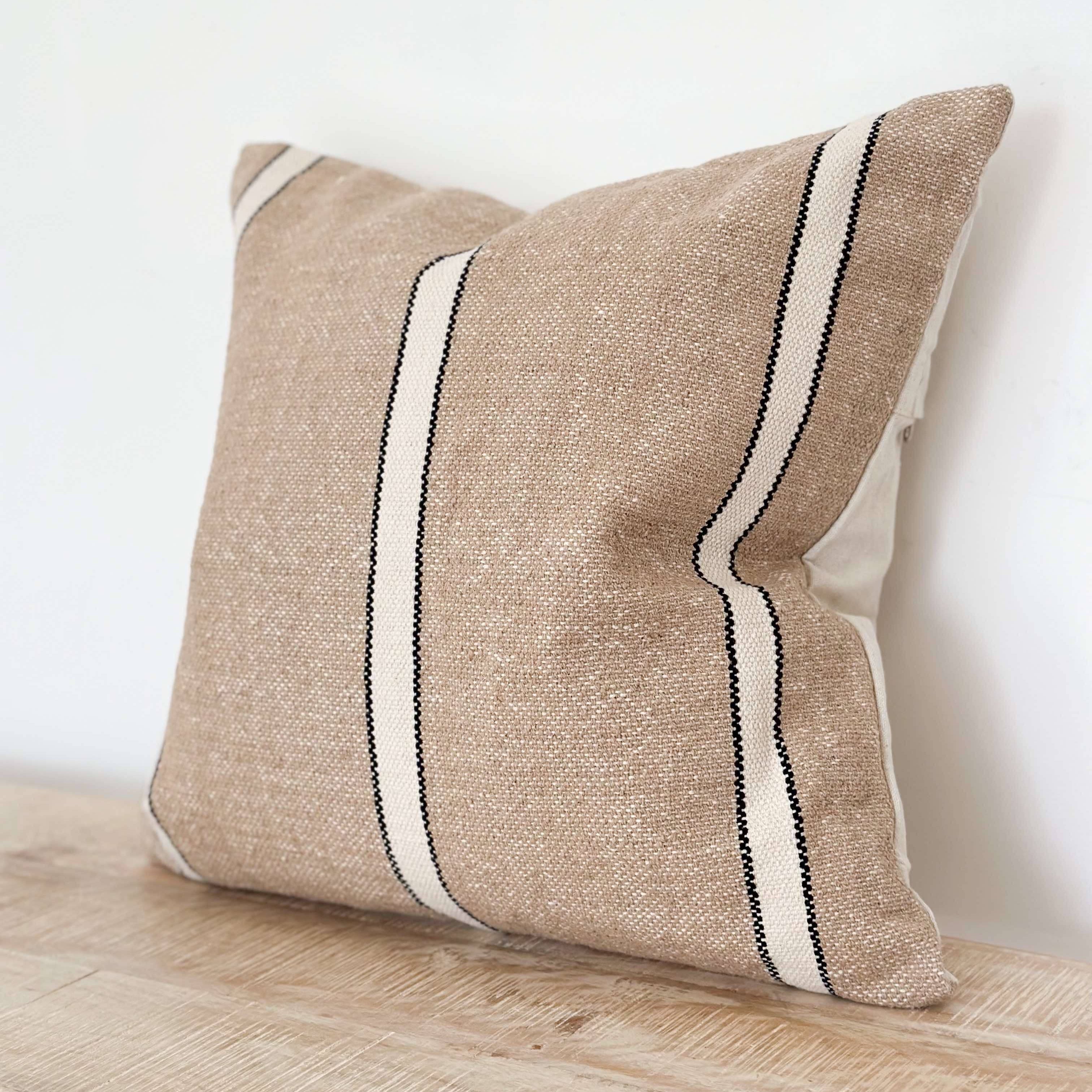 India Luxe Cotton Cushion Cover – Beige, Cream & Black Stripe 53x53cm