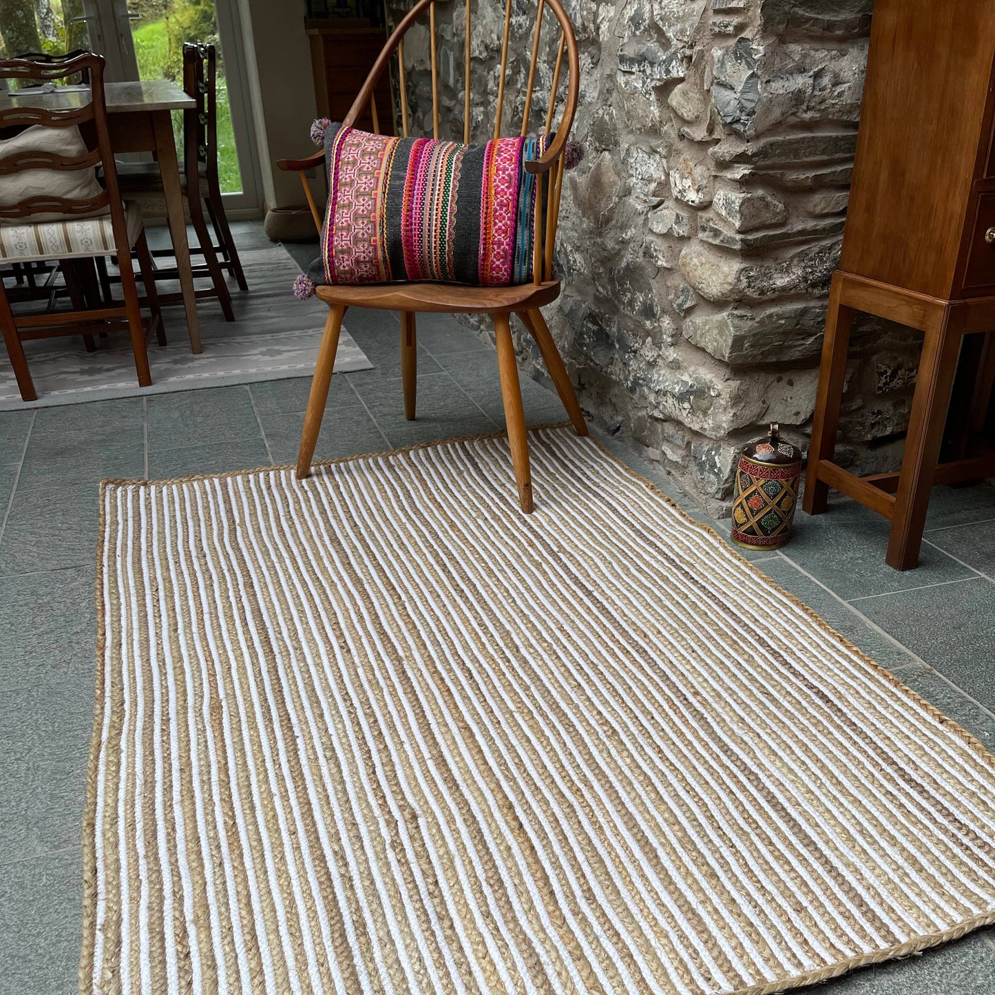 CHAKKAR PALE Hall Rug Stripe Rectangular Jute Beige White