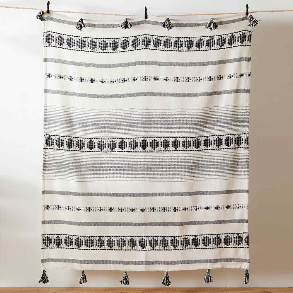 Pangea Throw Boho Design Contrasting Tassels - Black