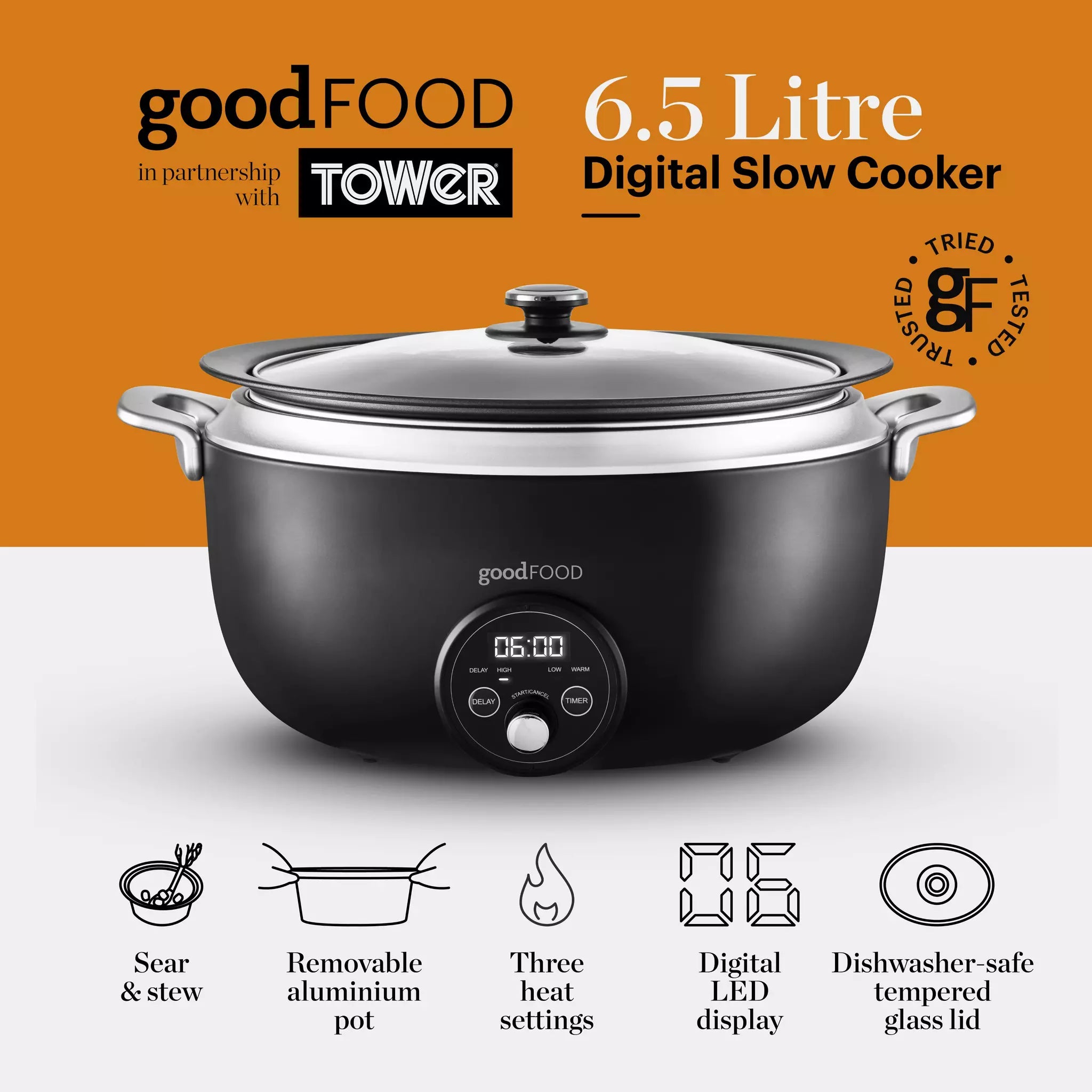 Tower x GoodFood 6.5L Digital Slow Cooker Stainless Steel