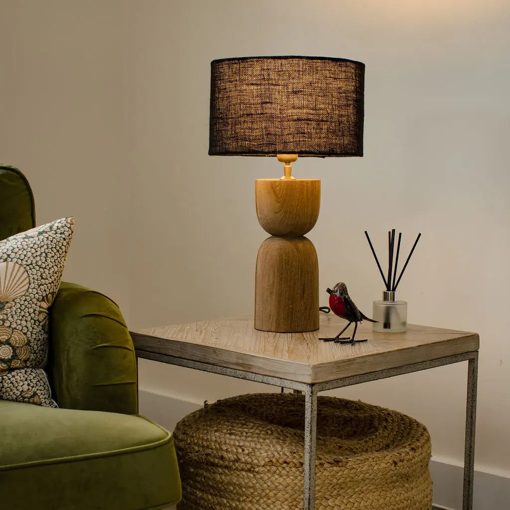 Mells Tall Wooden Sandblasted Table Lamp with Black Shade