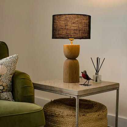 Mells Tall Wooden Sandblasted Table Lamp with Black Shade