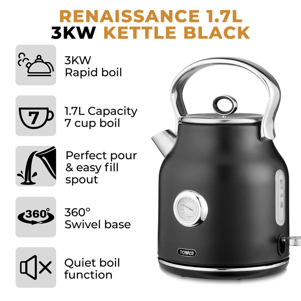 Tower Renaissance Retro Pot 1.7L Kettle - Black