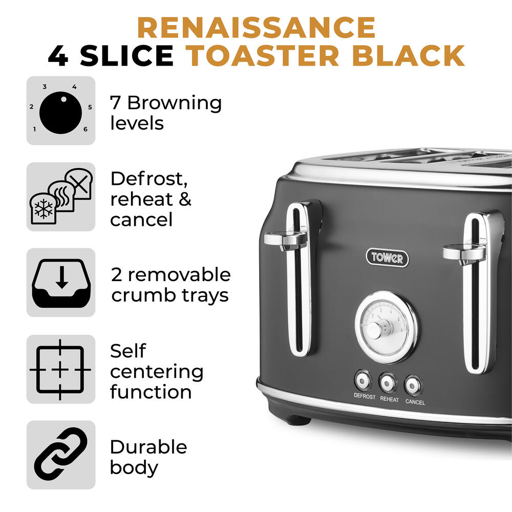 Tower Renaissance Retro 4 Slice Toaster - Black