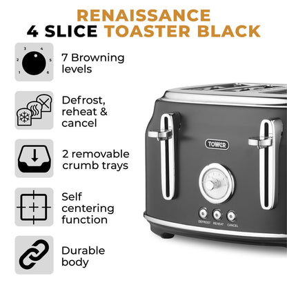 Tower Renaissance Retro 4 Slice Toaster - Black