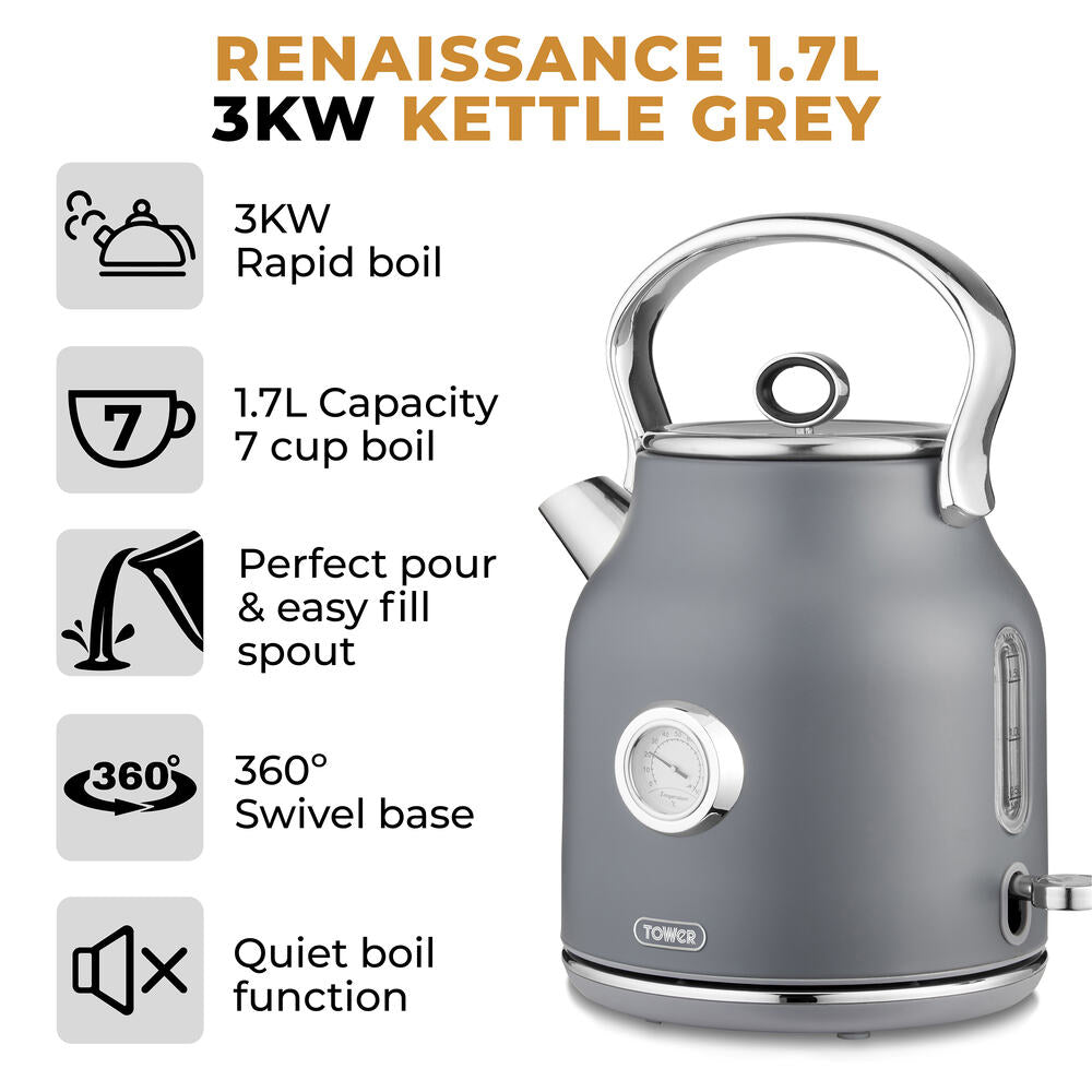 Tower Renaissance Retro Pot 1.7L Kettle - Grey