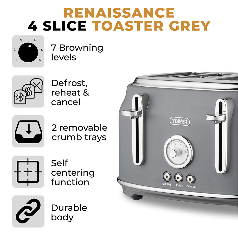 Tower Renaissance Retro 4 Slice Toaster - Grey