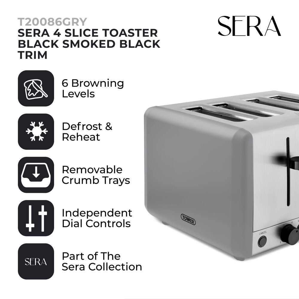 Tower Sera 4 Slice Toaster-  Grey