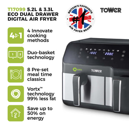 Tower Vortex Eco Dual Digital Air Fryer with 5.2L & 3.3L Drawers