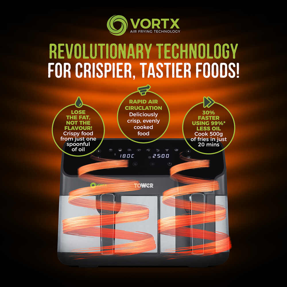 Tower Vortex Eco Dual Digital Air Fryer with 5.2L & 3.3L Drawers