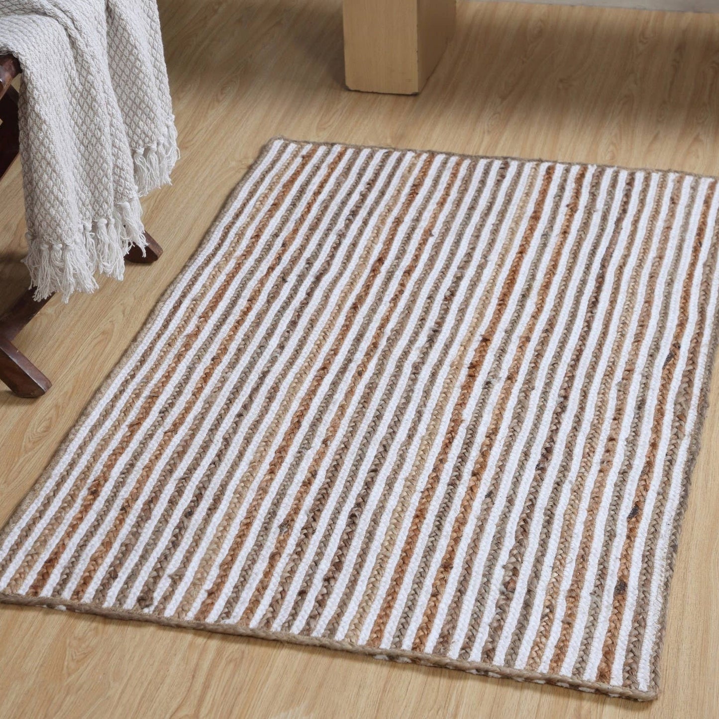 CHAKKAR PALE Hall Rug Stripe Rectangular Jute Beige White