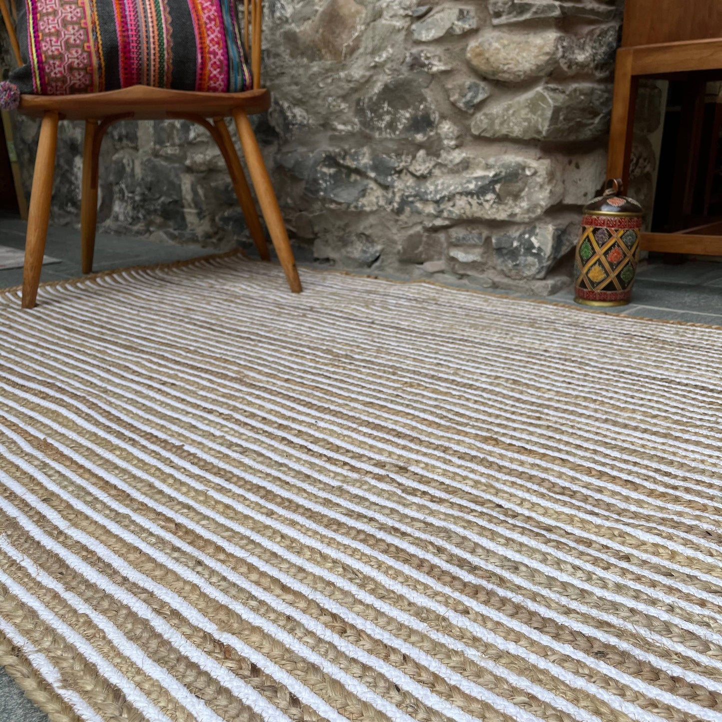 CHAKKAR PALE Hall Rug Stripe Rectangular Jute Beige White